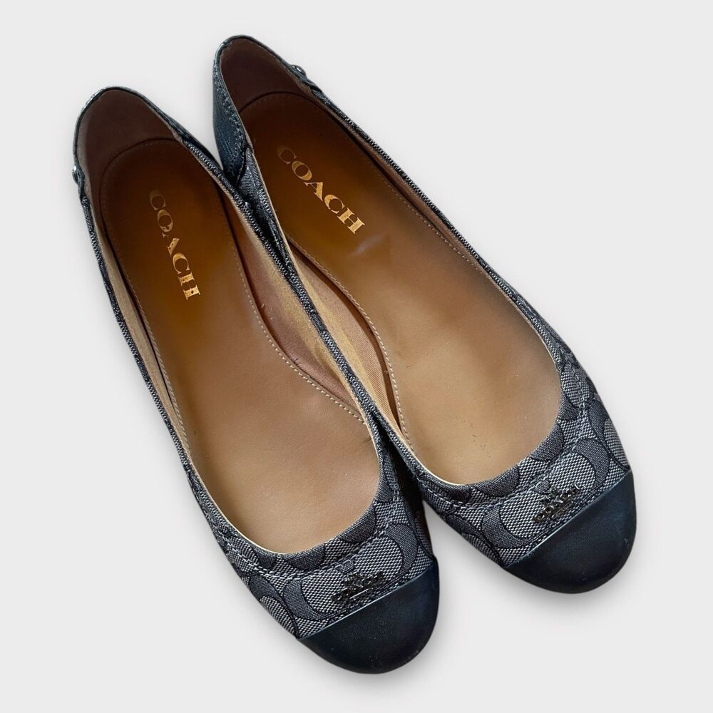 Coach Signature Canvas Ballet Flats Black Gray Monogram Cap Toe Size 8 EU 38.5